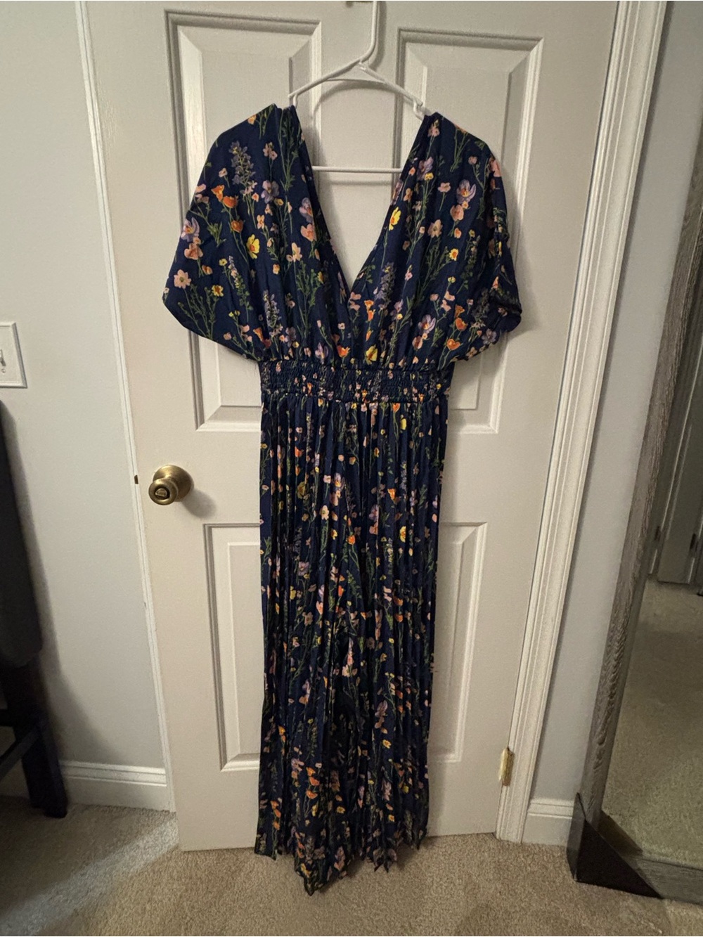 SHEIN Navy Floral V-Neck Smocked-Waist Jumpsuit